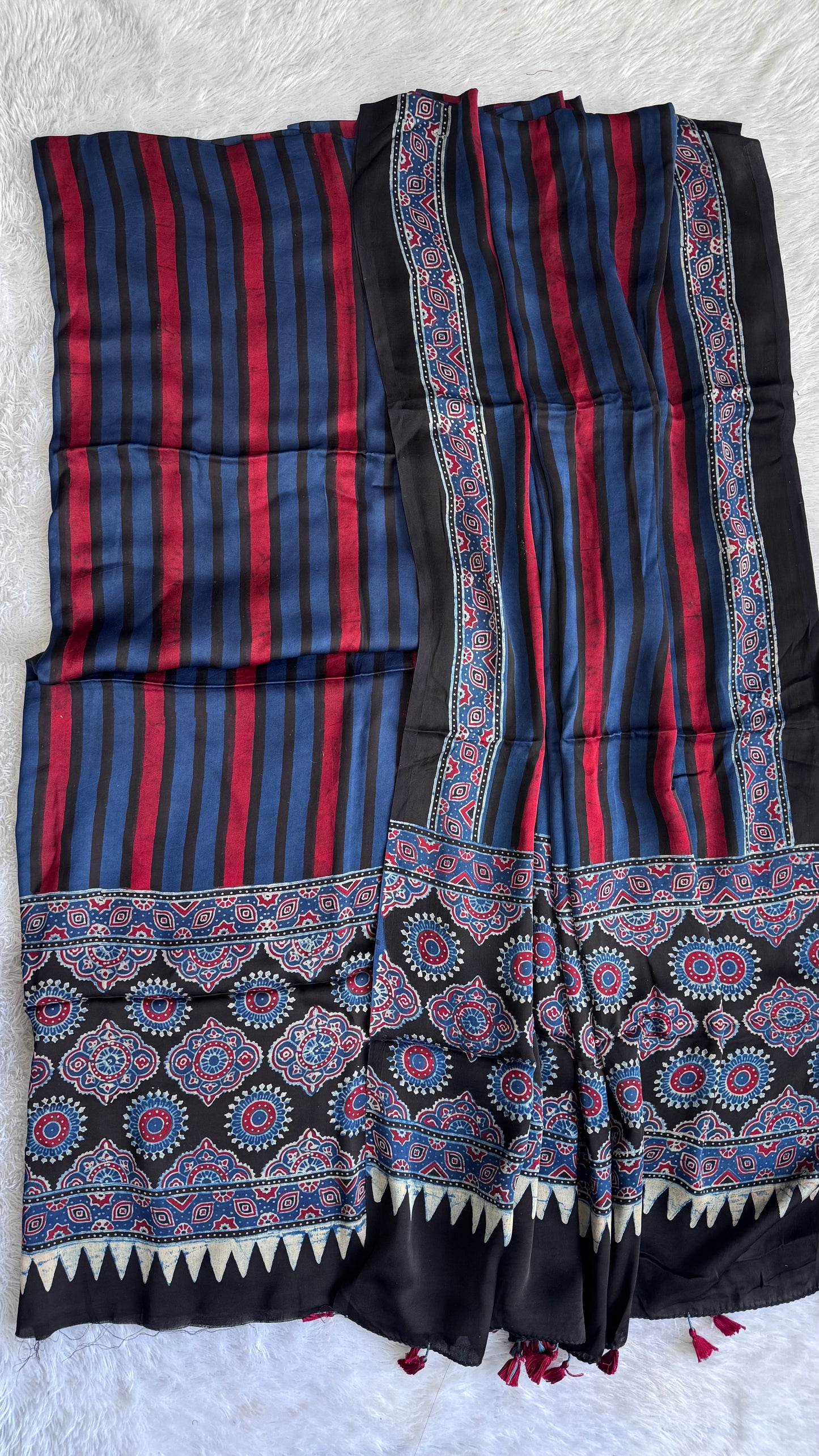 Blue and Black Dhaari Motif Modal Silk 2 pc Suit Set with Modal Silk Dupatta