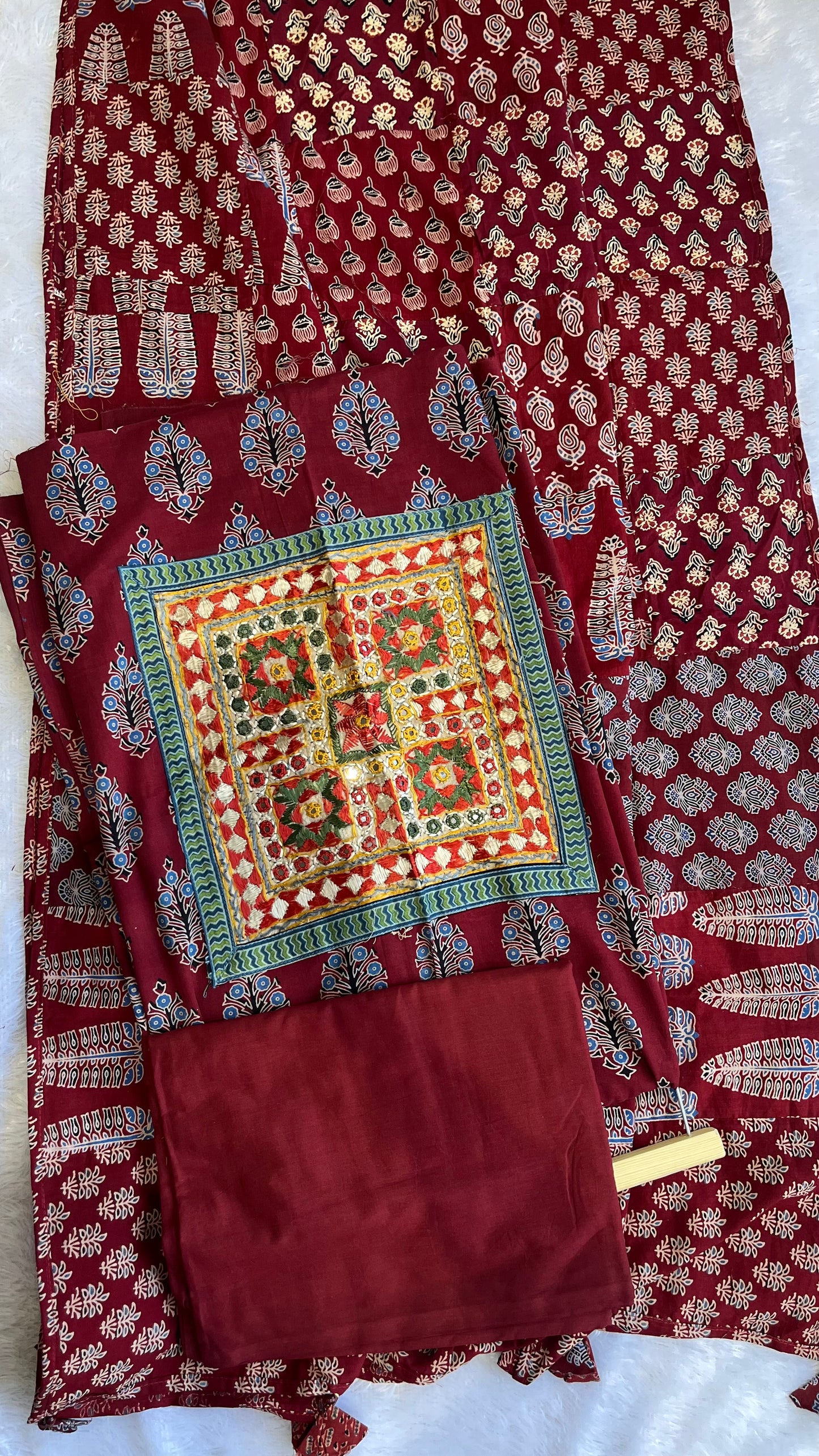 Maroon Ajrakh Applique Unstitched Cotton Suit Set with Applique Dupatta