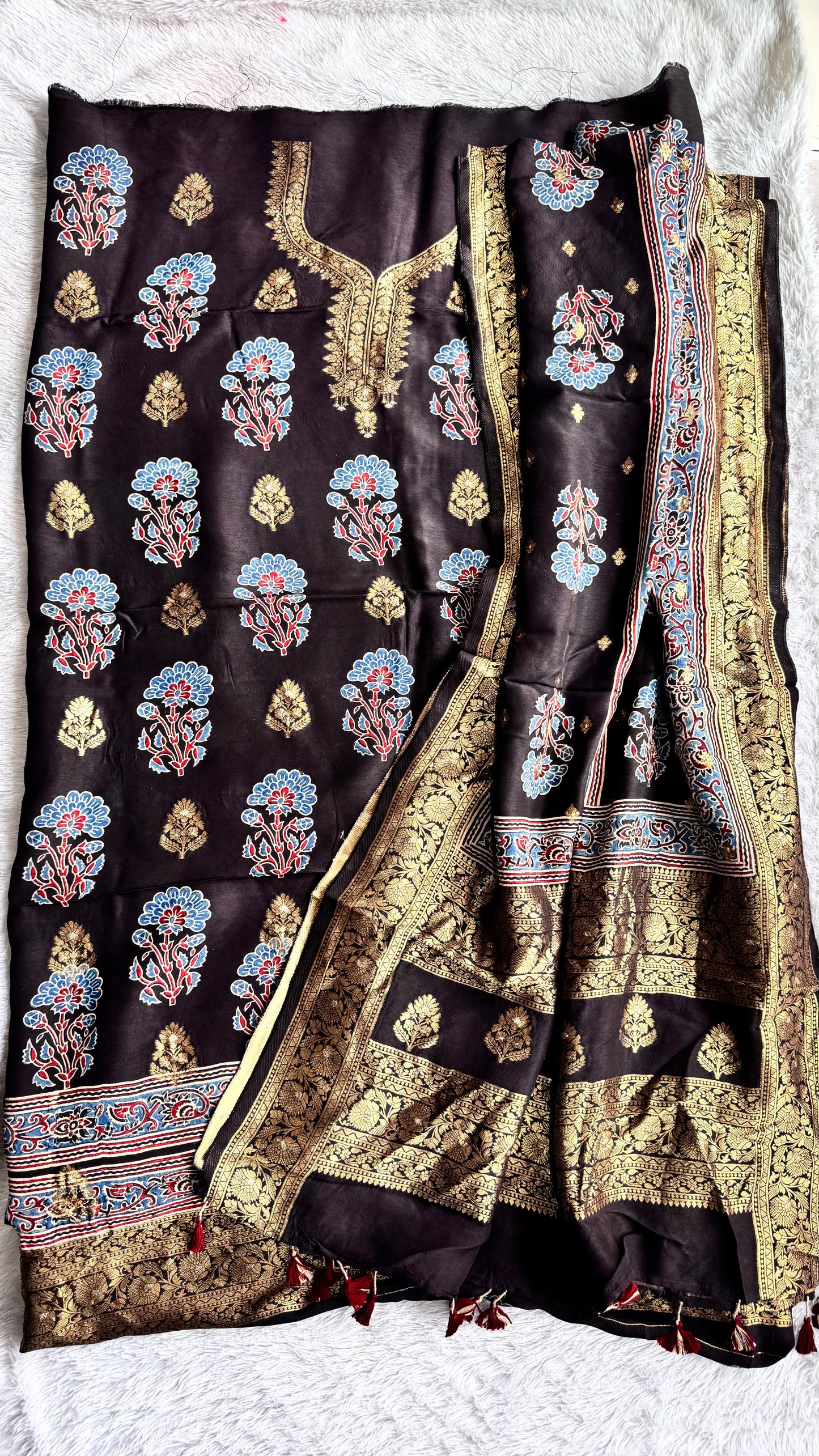 Black Mugal Buta Motif Pure Dola Silk Ajrakh Hand Block Print 2pc Suit Material Set with Zari Yoke and Nakkashi Dupatta