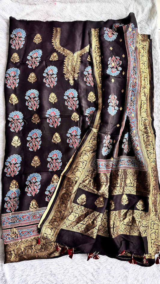 Black Mugal Buta Motif Pure Dola Silk Ajrakh Hand Block Print 2pc Suit Material Set with Zari Yoke and Nakkashi Dupatta