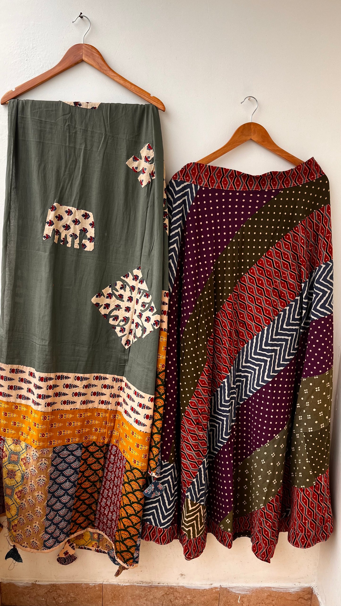 Vibrant Kali Cotton Long Flared Skirt with Mehendi Green Applique Patchwork Dupatta