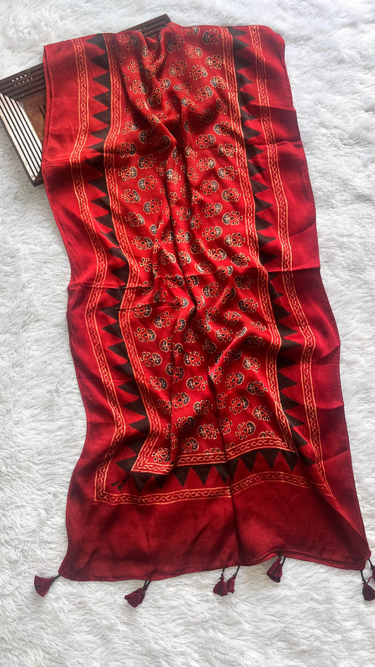 Red Small Booti Motif Ajrakh Hand Block Print Modal Silk Stole with Tassels