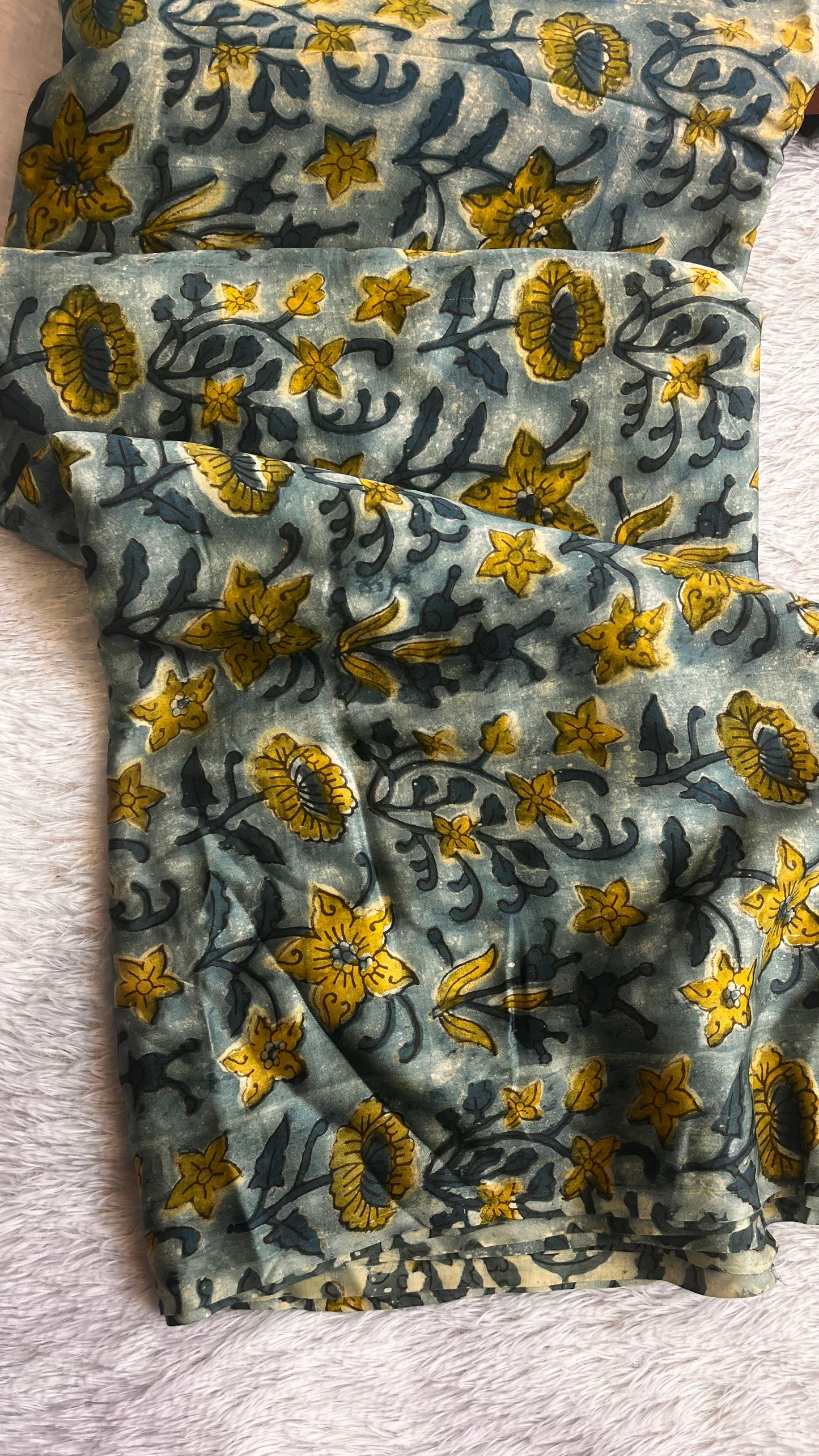 Steel Blue Shade Floral Motif Pure Modal Silk Fabric