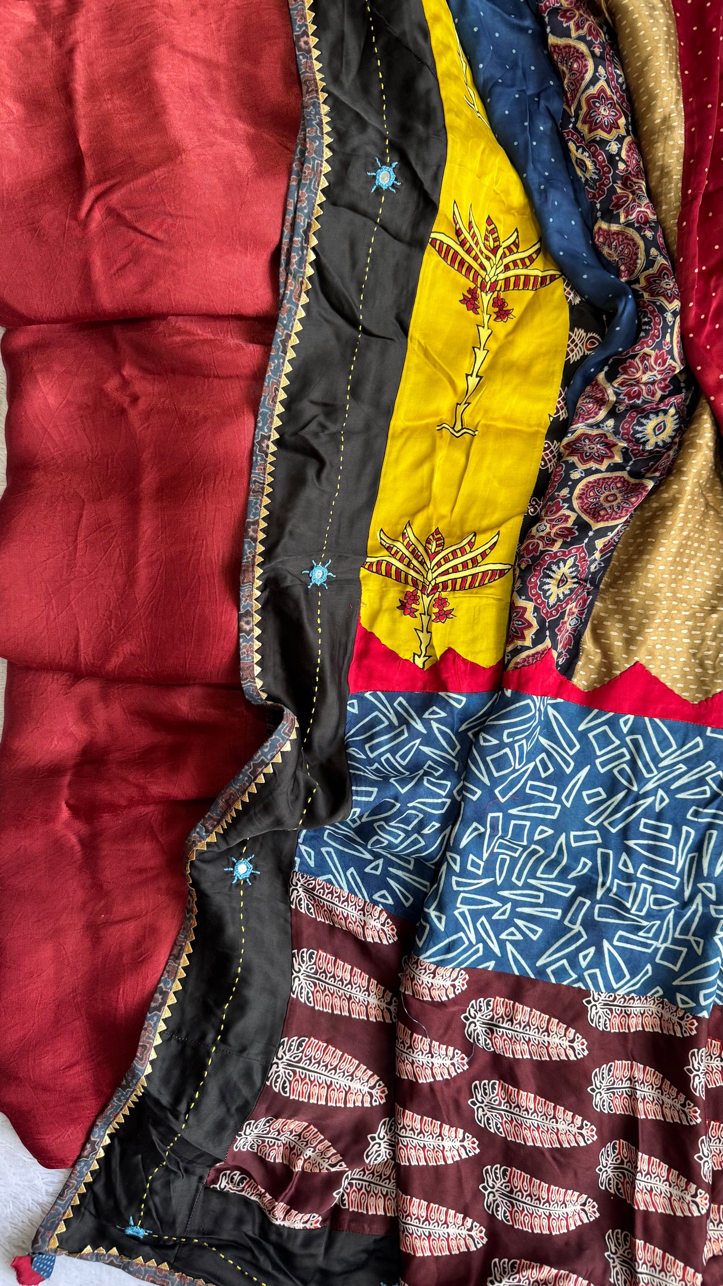 Maroon Solid Shade Modal Silk Ajrakh Hand Block Print 2pc Suit Material Set with Applique Work Dupatta