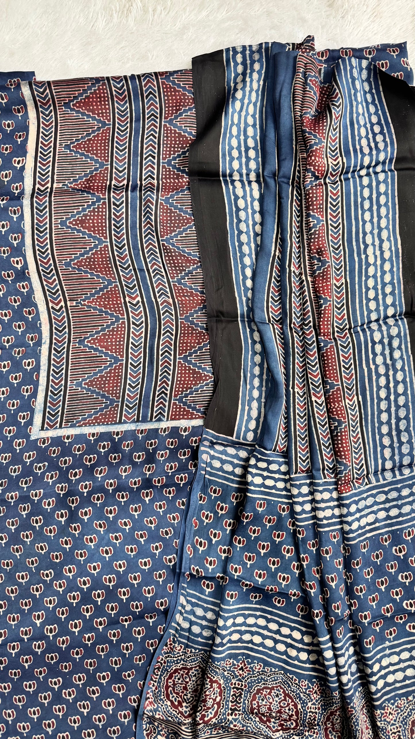 Blue Small Kamal Motif Modal Silk Hand Block Print 2pc Suit Material Set