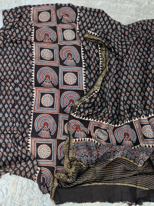 Black Abstract Motif Modal Silk Ajrakh Natural Dyed Hand Block Print 2pc Suit Material Set with Dola Silk Dupatta