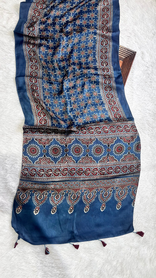 Blue Grid Motif Ajrakh Hand Block Print Mashru Silk Stole with Tassels