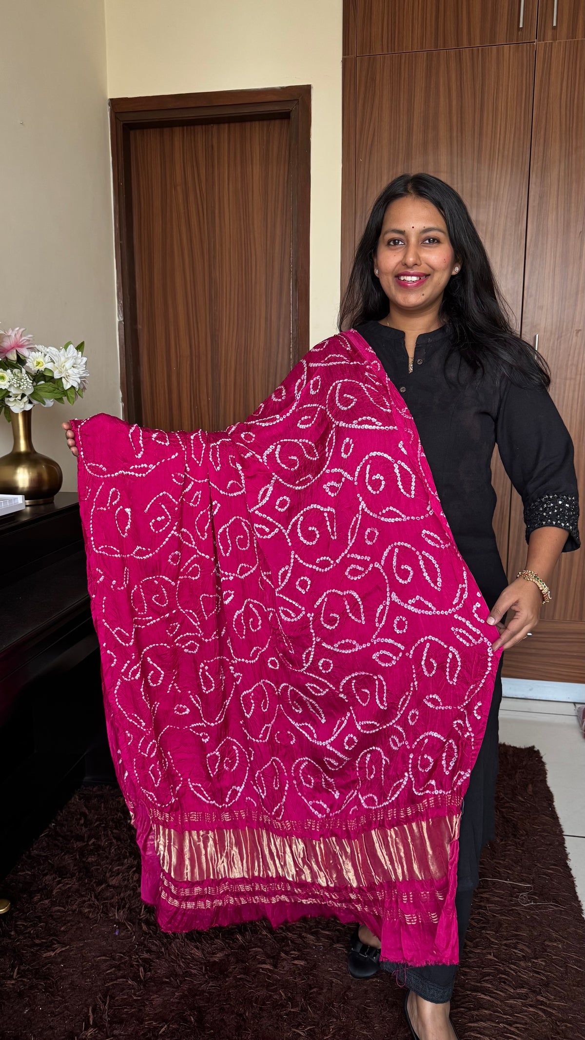 Hot Pink Shade Bandhej Modal Silk Dupatta with Lagdi Patti