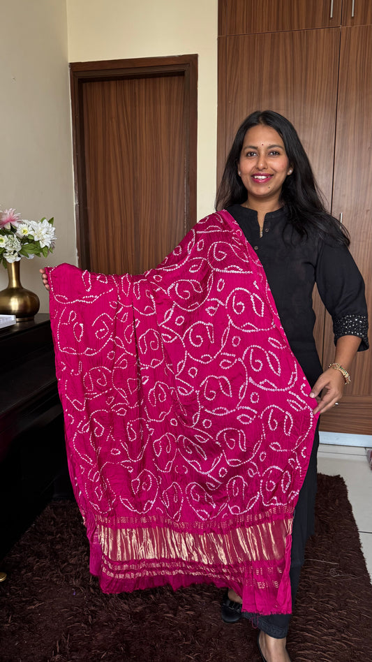 Hot Pink Shade Bandhej Modal Silk Dupatta with Lagdi Patti