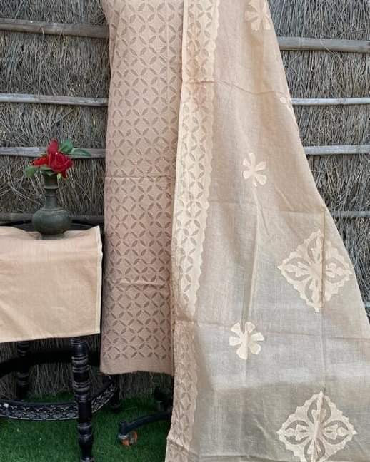 Badaami Shade Barmer Applique Cut Work Cotton 3pc Suit Material Set