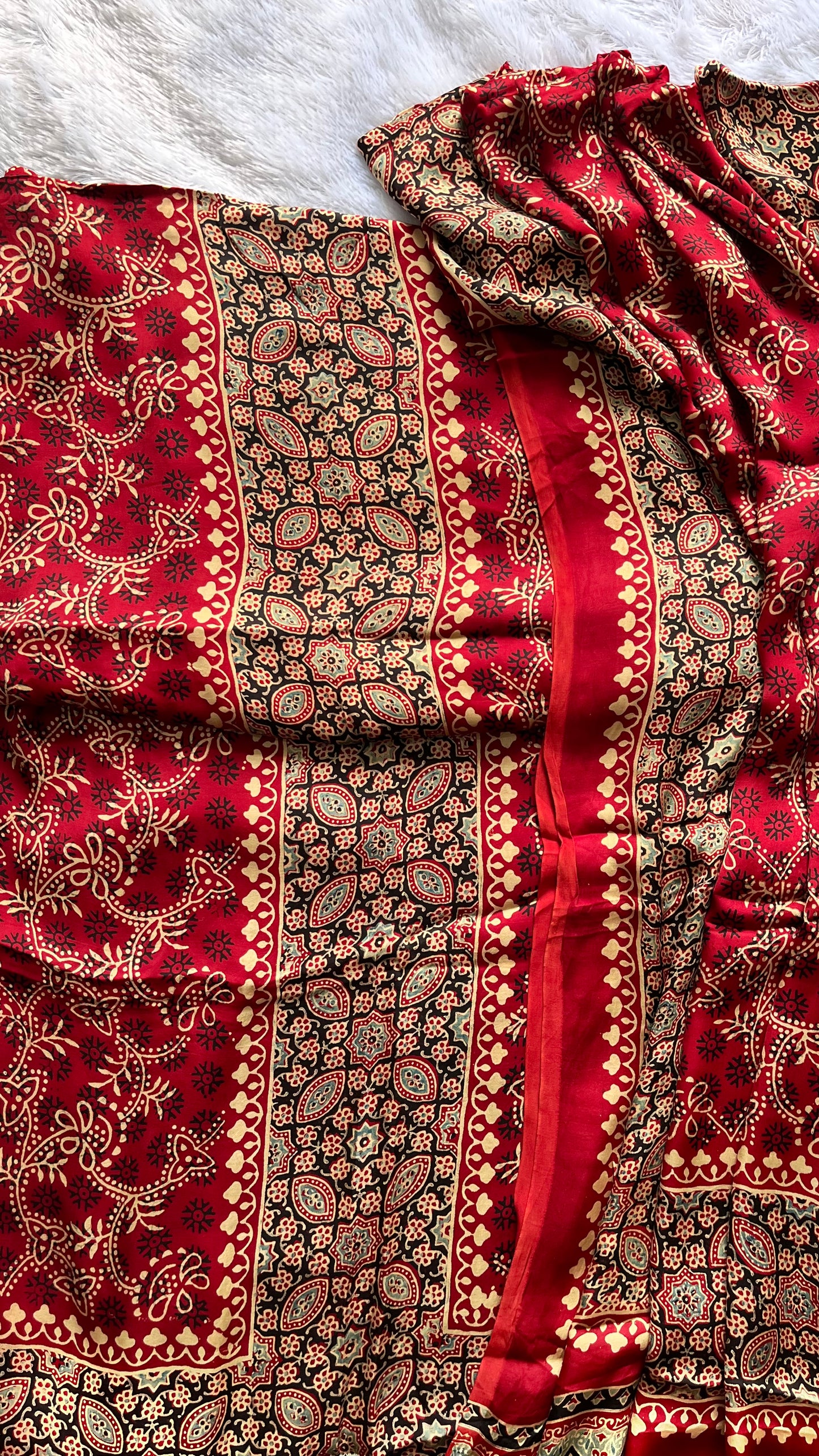 Red Boota Motif Modal Silk Ajrakh Hand Block 3 pc Suit Set