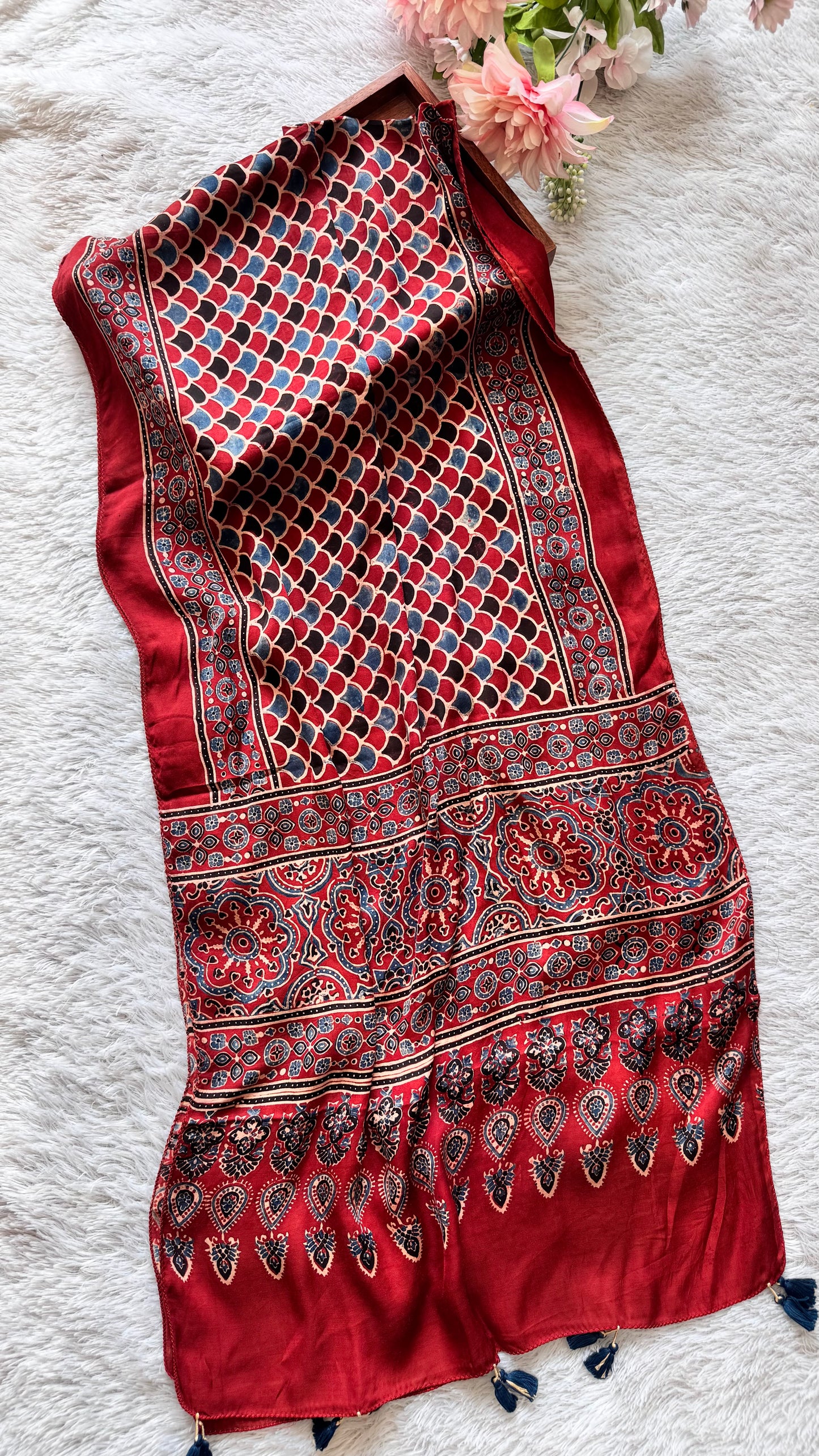 Maddar Red Honeycomb Motif Ajrakh Hand Block Print Modal Silk Stole with Tassels