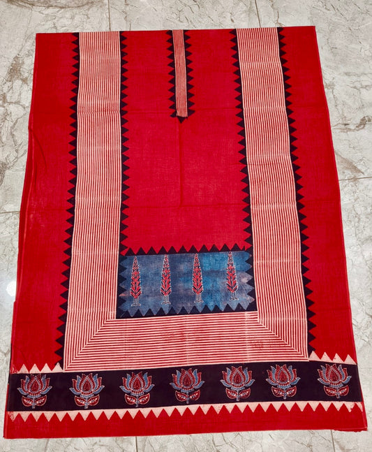 Red Stripes and Jharokha Motif Modal Silk Ajrakh Hand Block Print Designer Unstitched Fabric (Kurta Only)