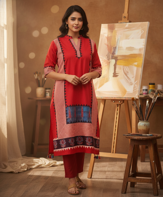 Red Stripes and Jharokha Motif Modal Silk Ajrakh Hand Block Print Designer Unstitched Fabric (Kurta Only)