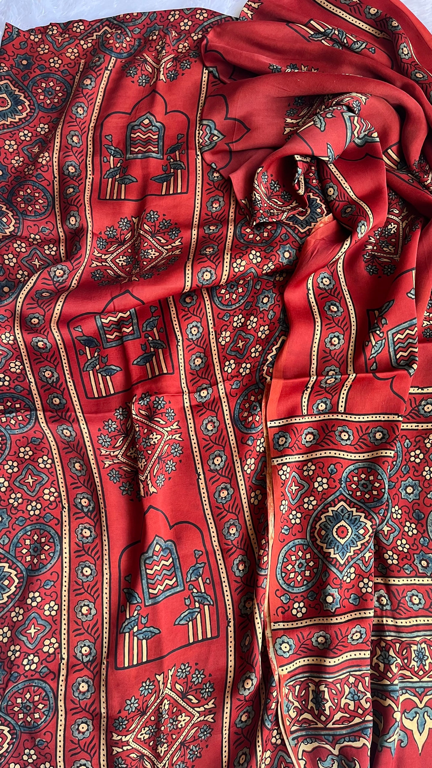 Red Lotus Flower Print Modal Silk Ajrakh Natural Dyed Hand Block Print 2pc Suit Material Set