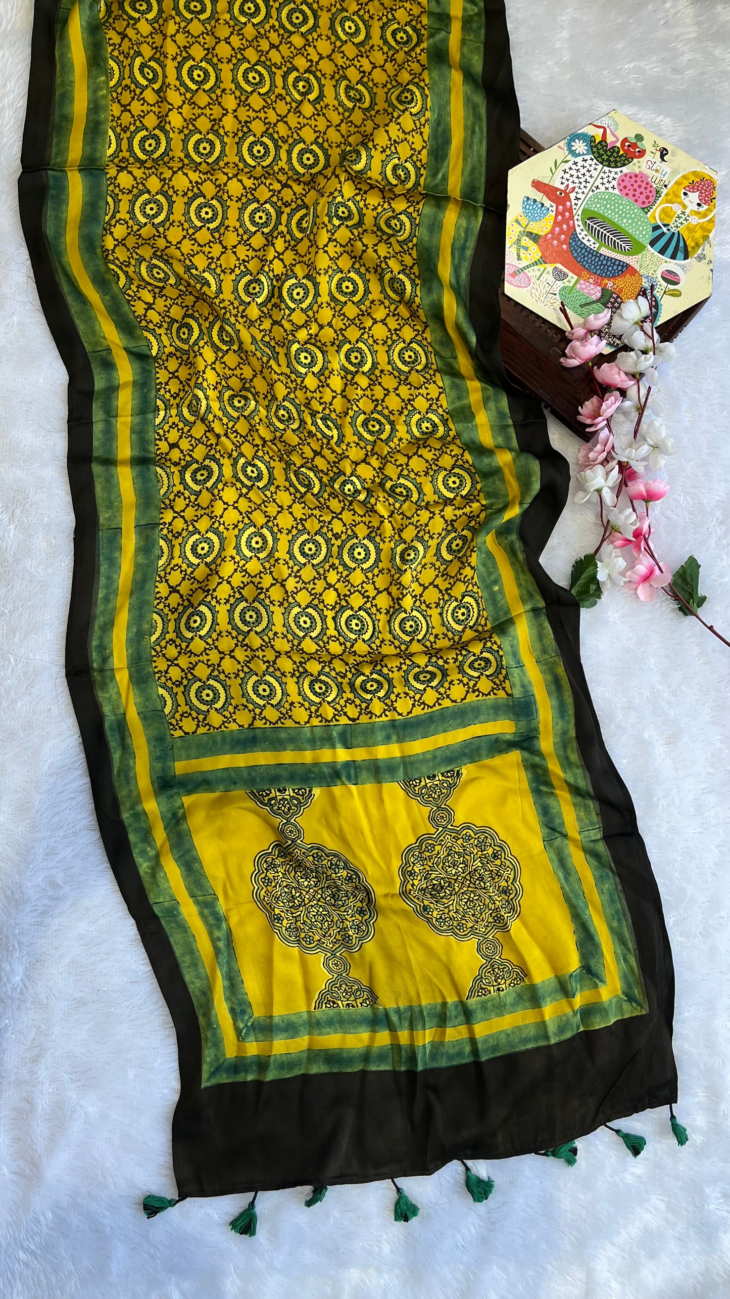 Green and Yellow Circle Motif Ajrakh Hand Block Print Modal Silk Stole with Tassels