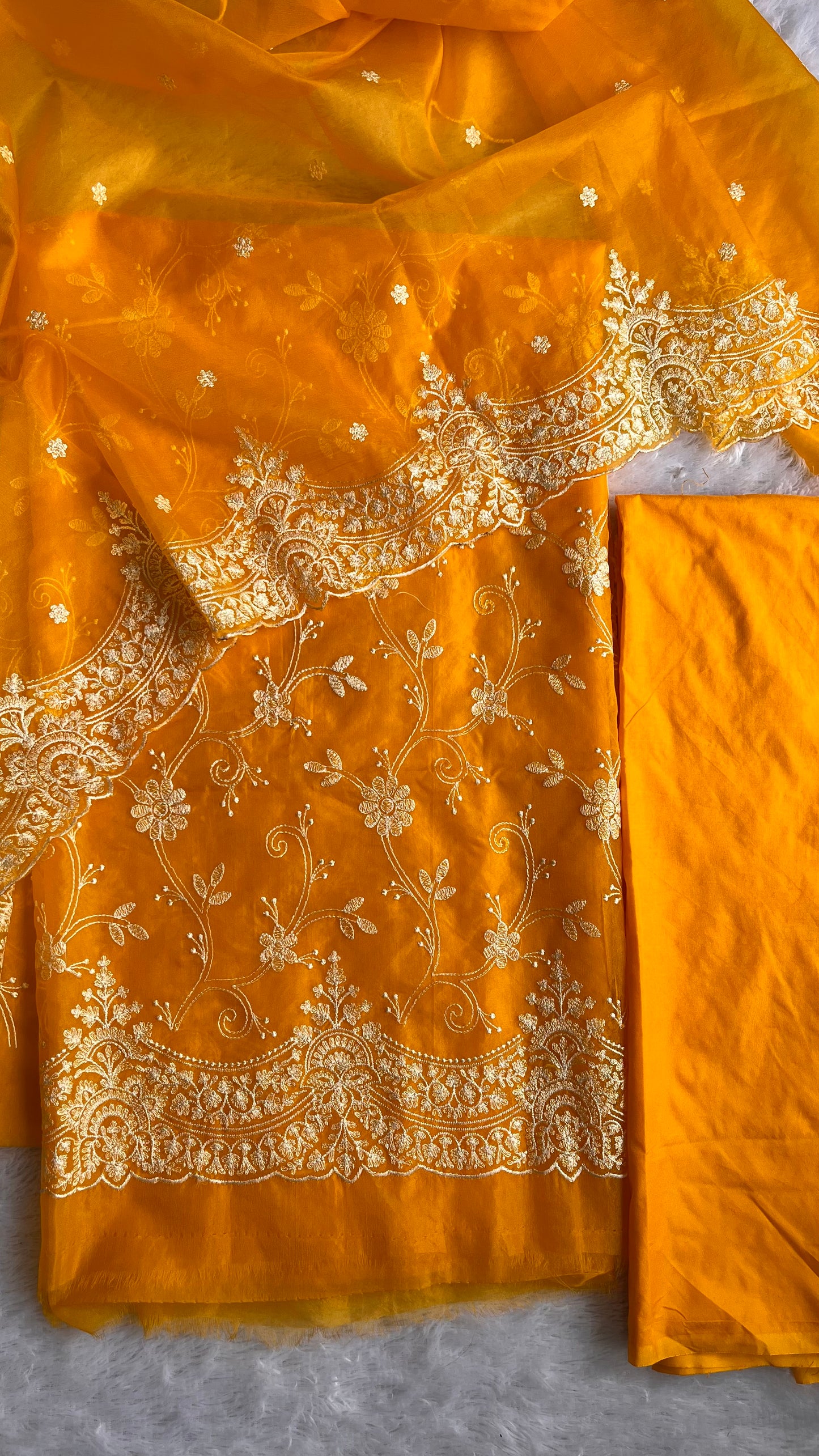 Aamras Shade Banarasi Tissue Silk 3-Piece Suit with Threadwork & Organza Dupatta