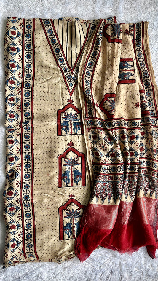 Milky White and Red Jharokha Motif Chanderi Silk Suit set with Ajrakh Hand Block Printing