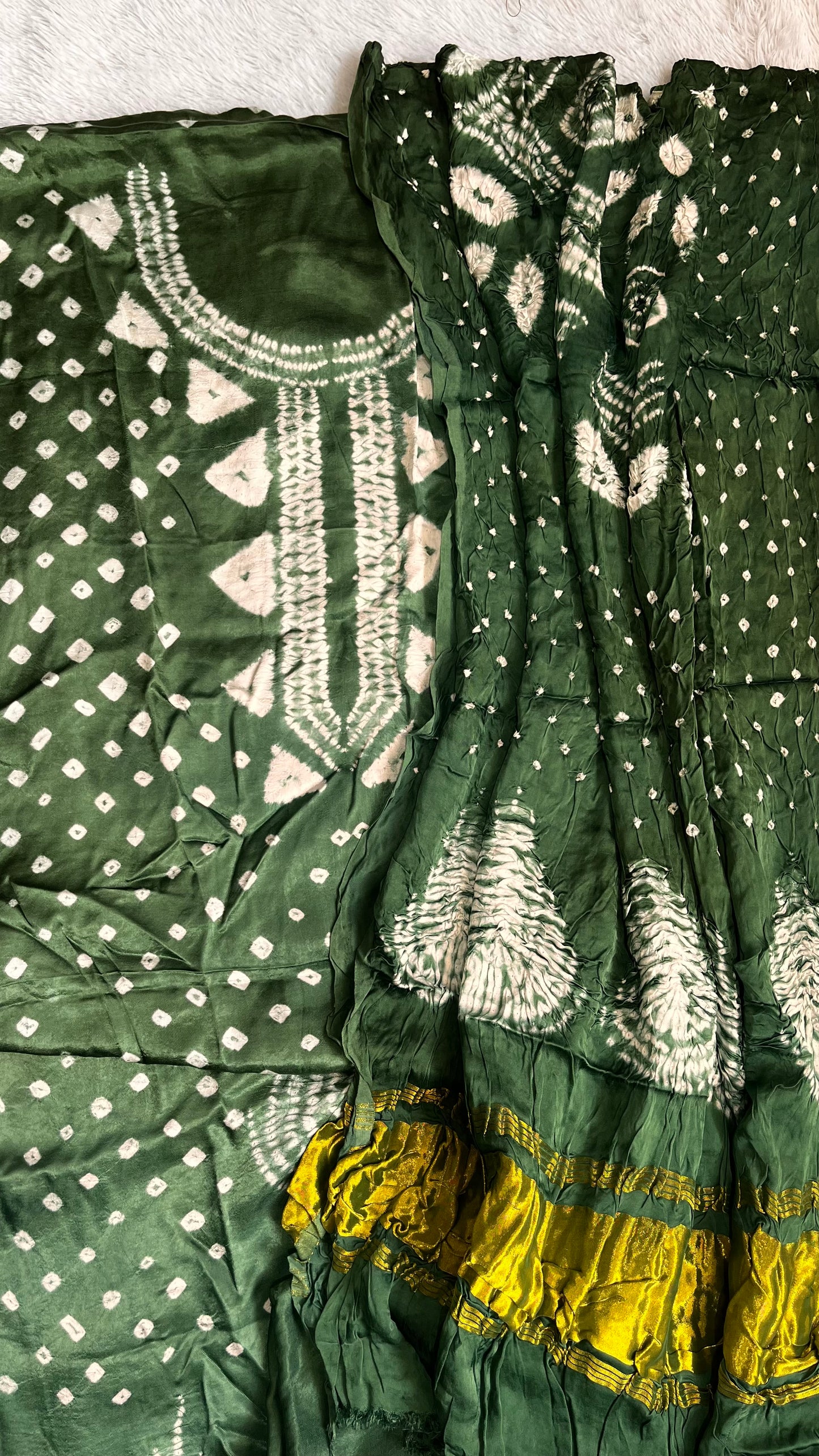 Bottle Green Semi Modal Silk Bandhej Suit Set with Modal Silk Lagdi Patti Dupatta (3 Pc)