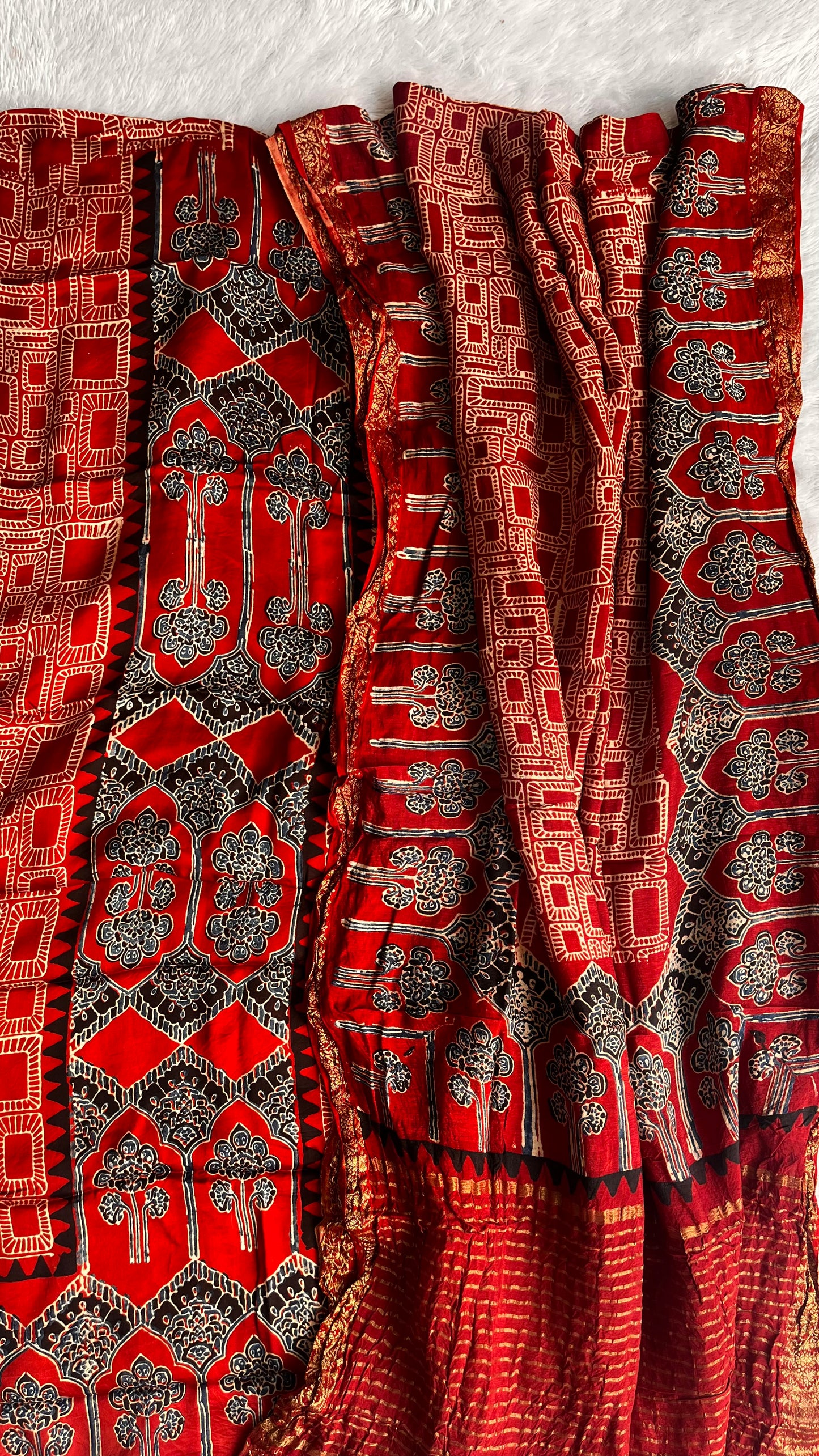 Ravishing Red Buta Motif Modal Silk Suit with Ajrakh Dola Silk Dupatta