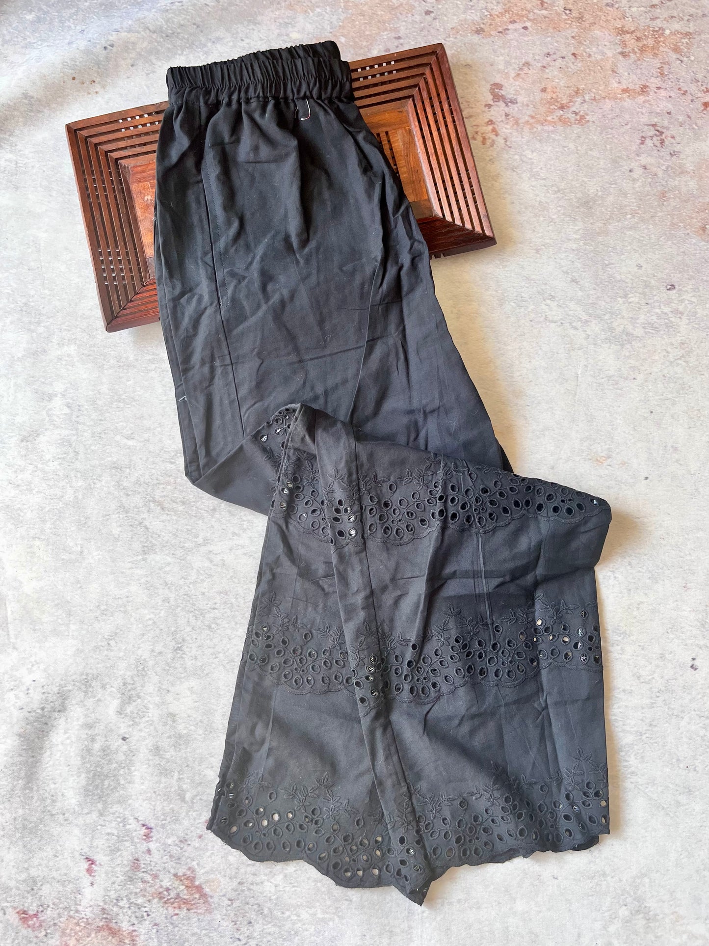 Black Relaxed Fit Pure Cotton Pants with Schiffli Detailing