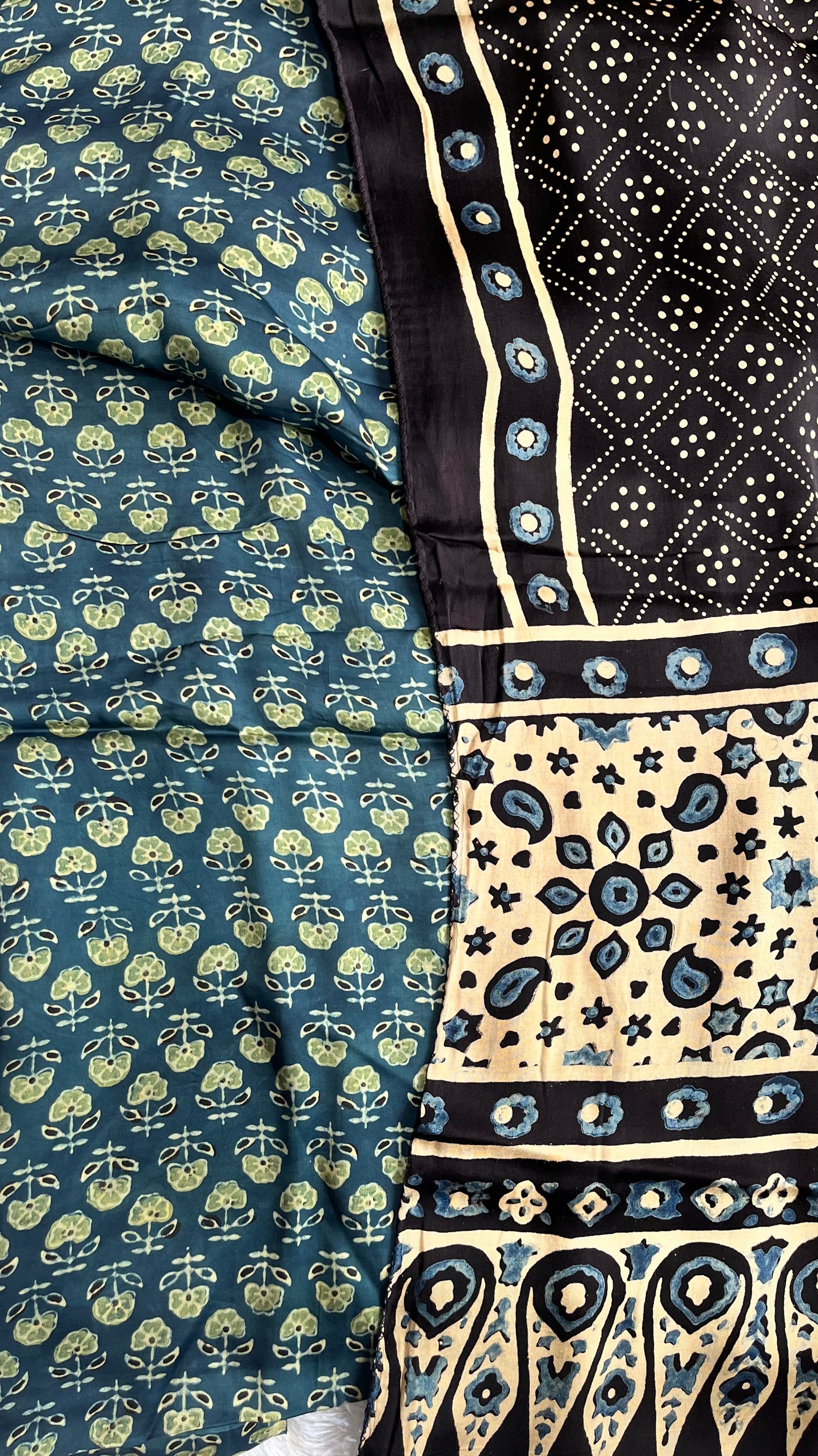 Indigo Choti Buti Motif Modal Silk Hand Block Print 2pc Suit Material Set ( Top and Stole)