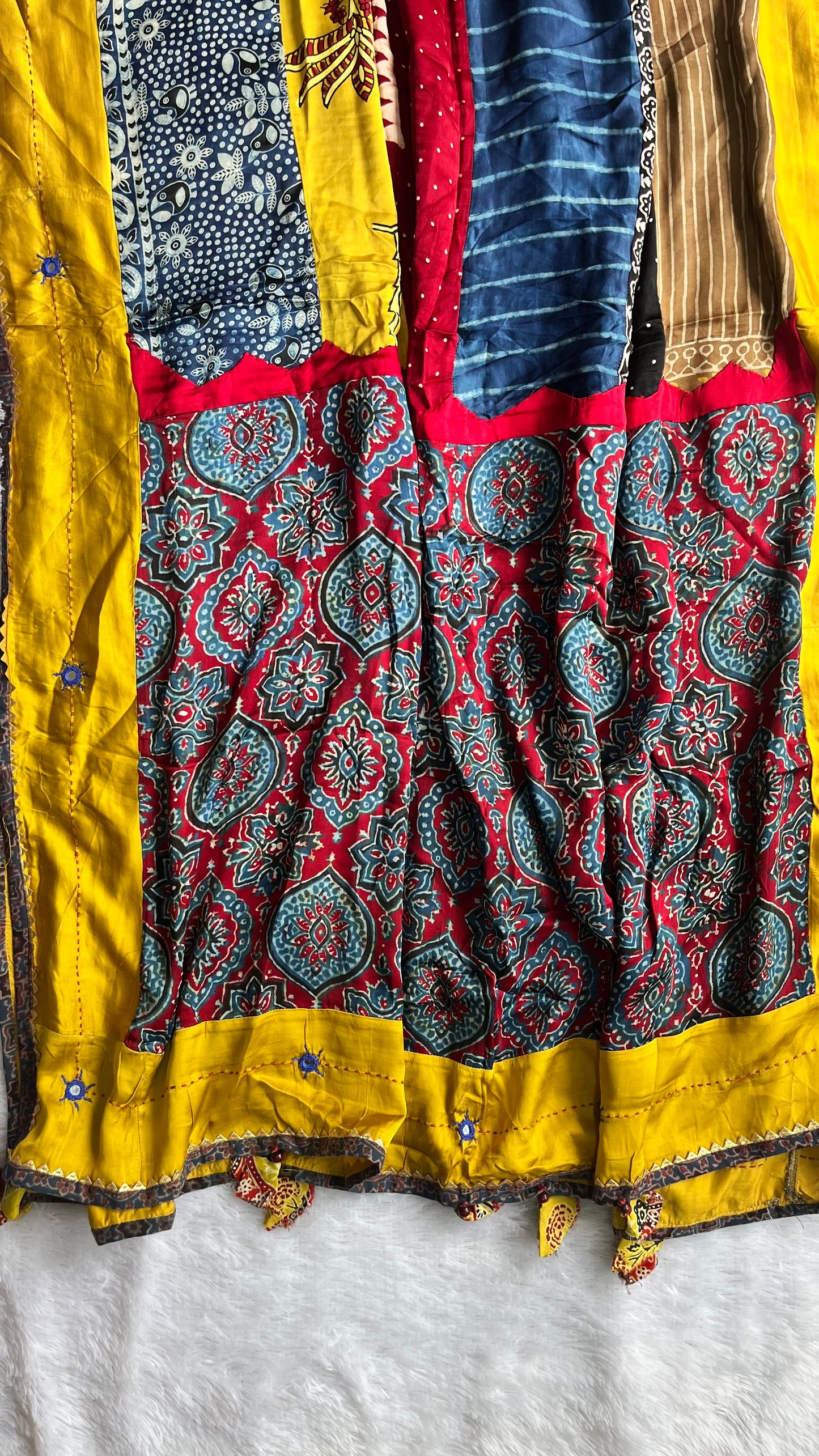 Multi Shade Ajrakh Applique Patchwork Modal Silk Mirror work Dupatta with Kantha work and Tassels