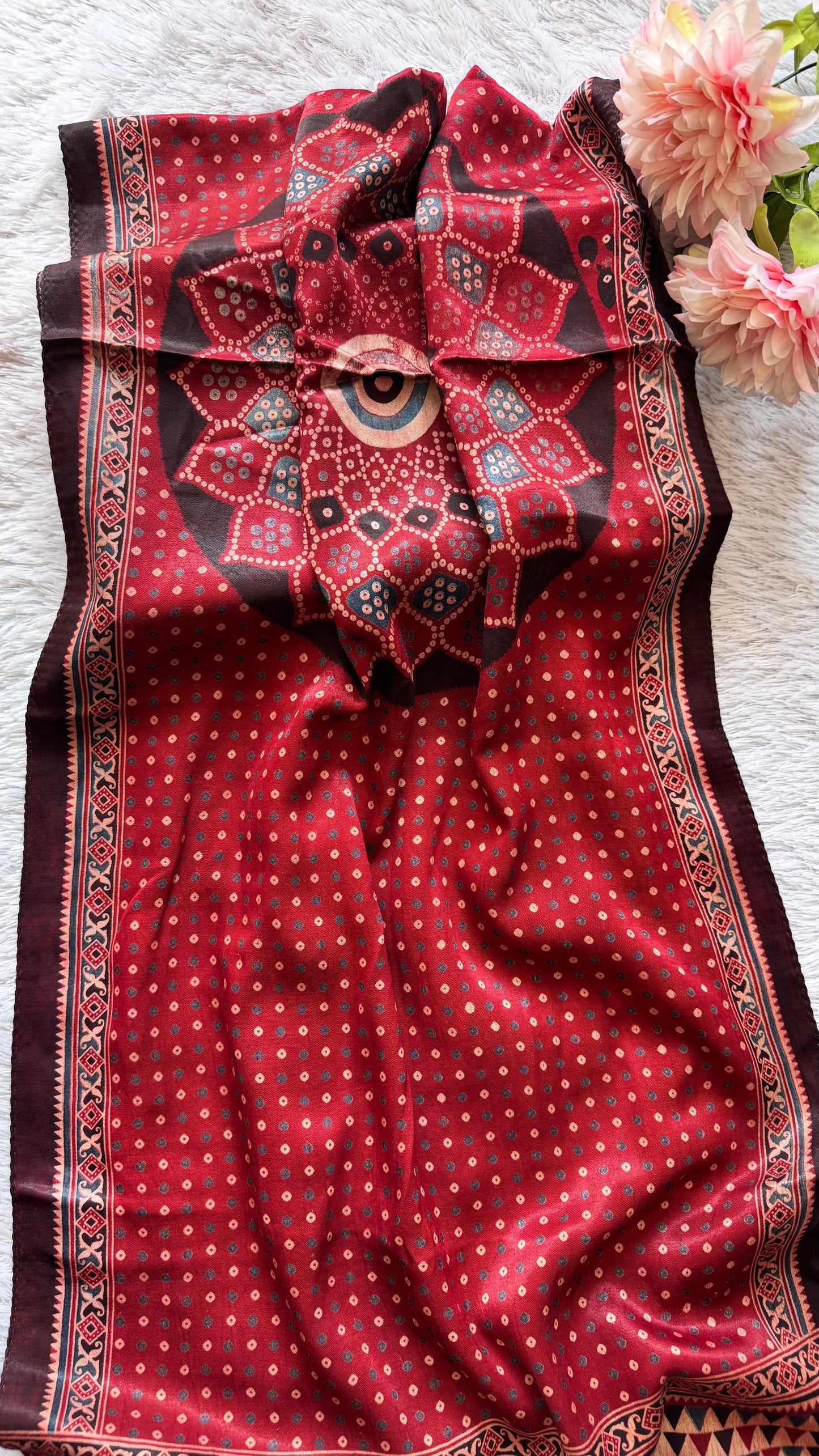 Red Bandhej Design Ajrakh Hand Block Print Mashru Silk Stole with Tassels
