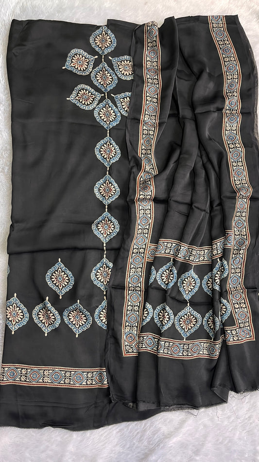 Black Solid Shade Seepi Motif Modal Silk Suit Material with Ajrakh Modal Dupatta