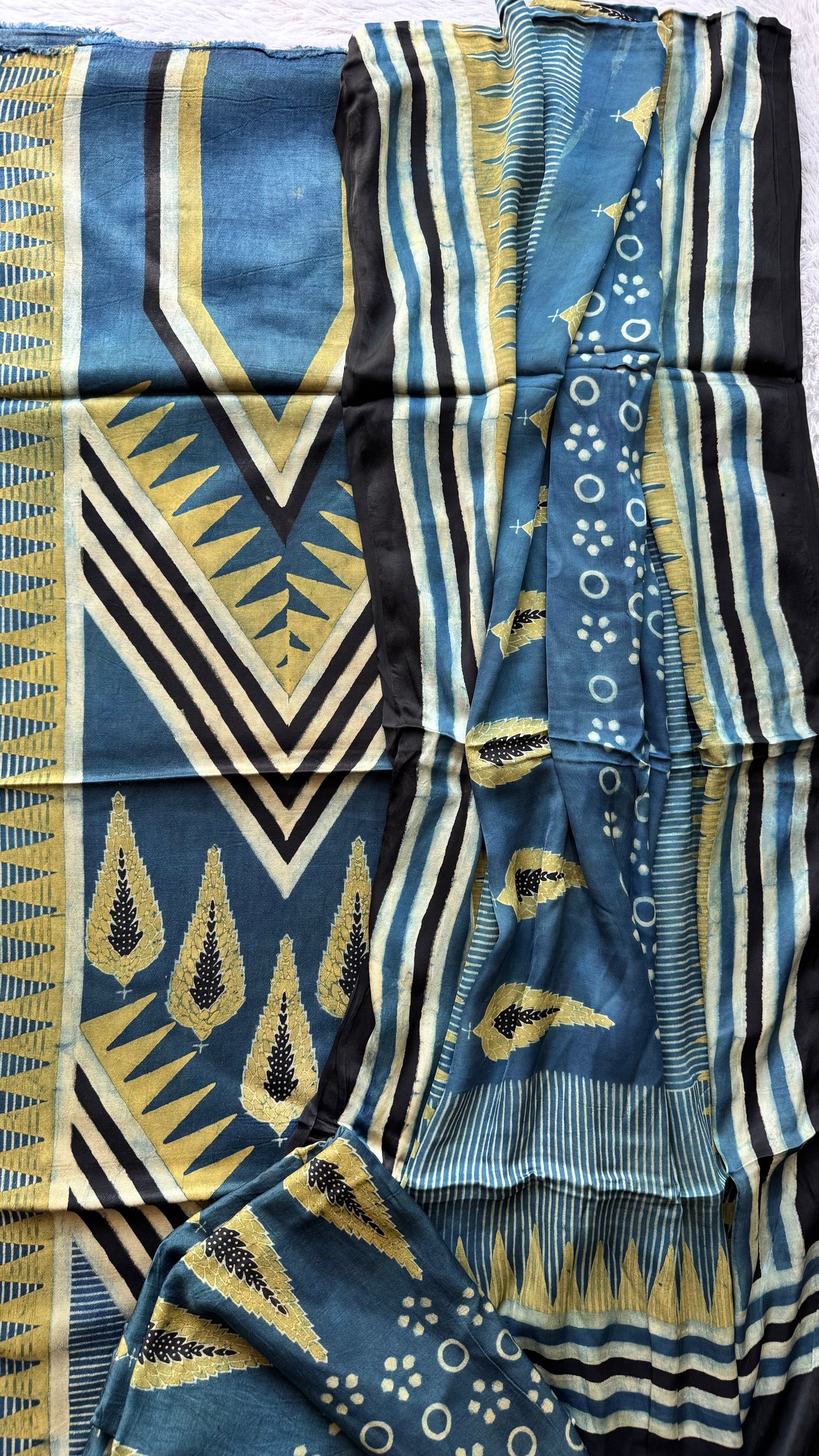 Indigo Asopallav Motif Ajrakh Hand Block Print Mashru Silk 3 pc Suit Material with Modal Silk Dupatta