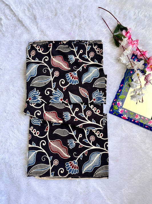 Midnight Black Flower and Leaf Motif Ajrakh Pure Cotton Fabric (CUT PIECE)