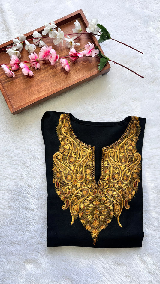 Black and Mustard Sozni Hand Embroidered Pure Marino Wool Pheran with Pockets