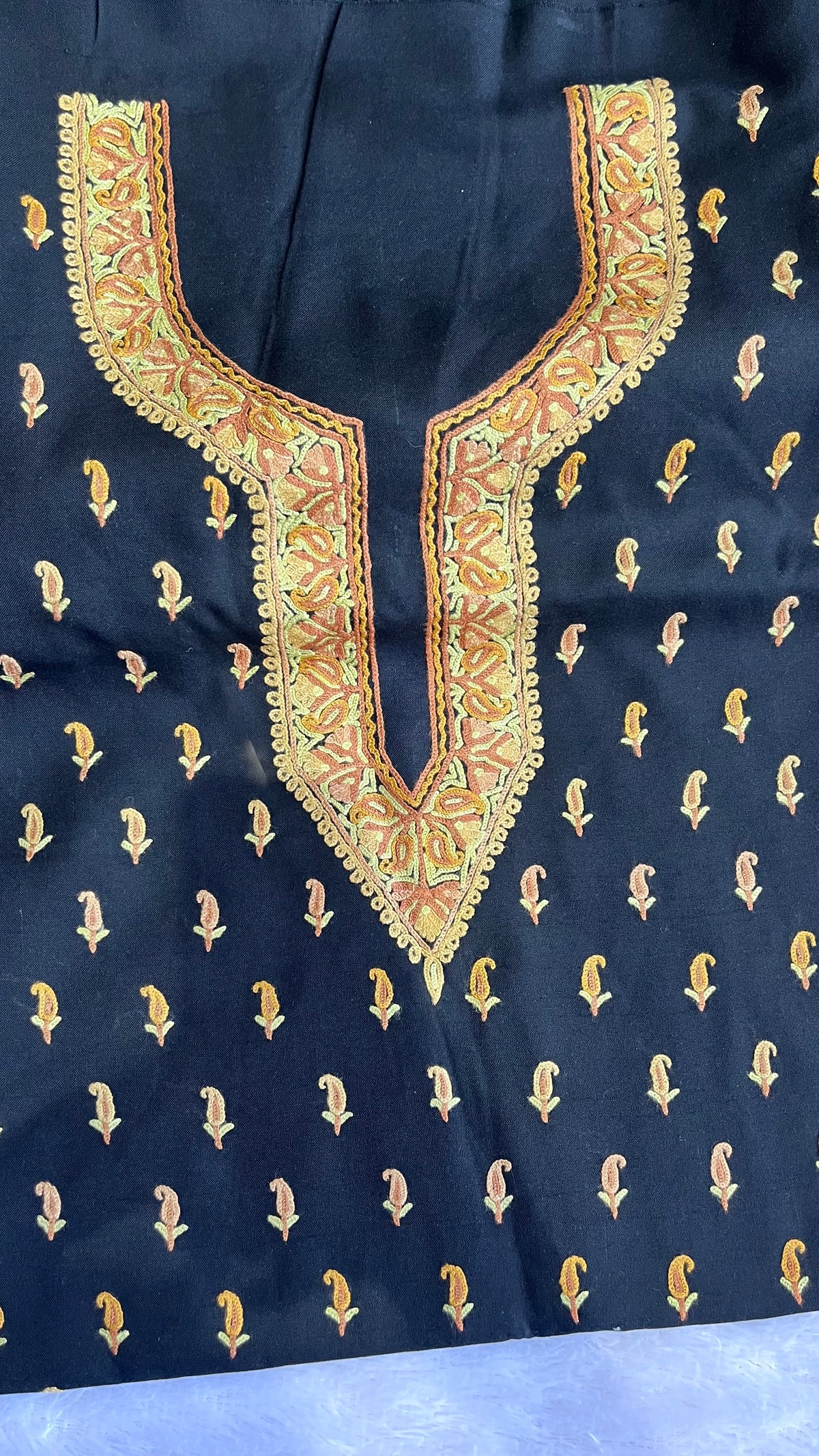Black with Yellow Small Booti Thread work Pure Cotton Kashmiri Aari Em ...