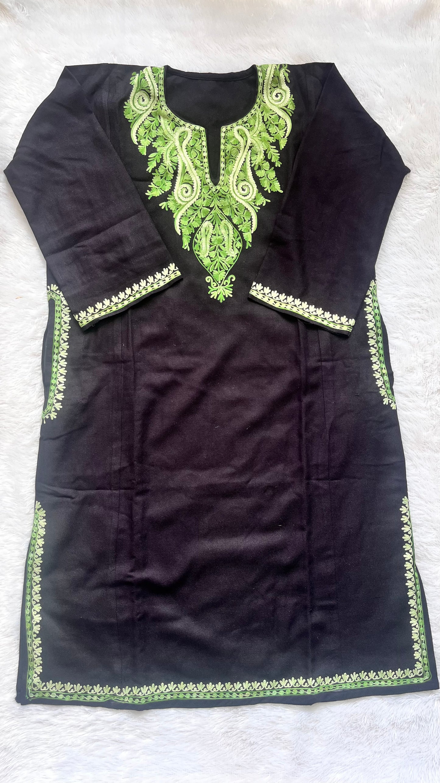 Black with Green Kashmiri Aari Work Full Embroidered Pheran with Pockets