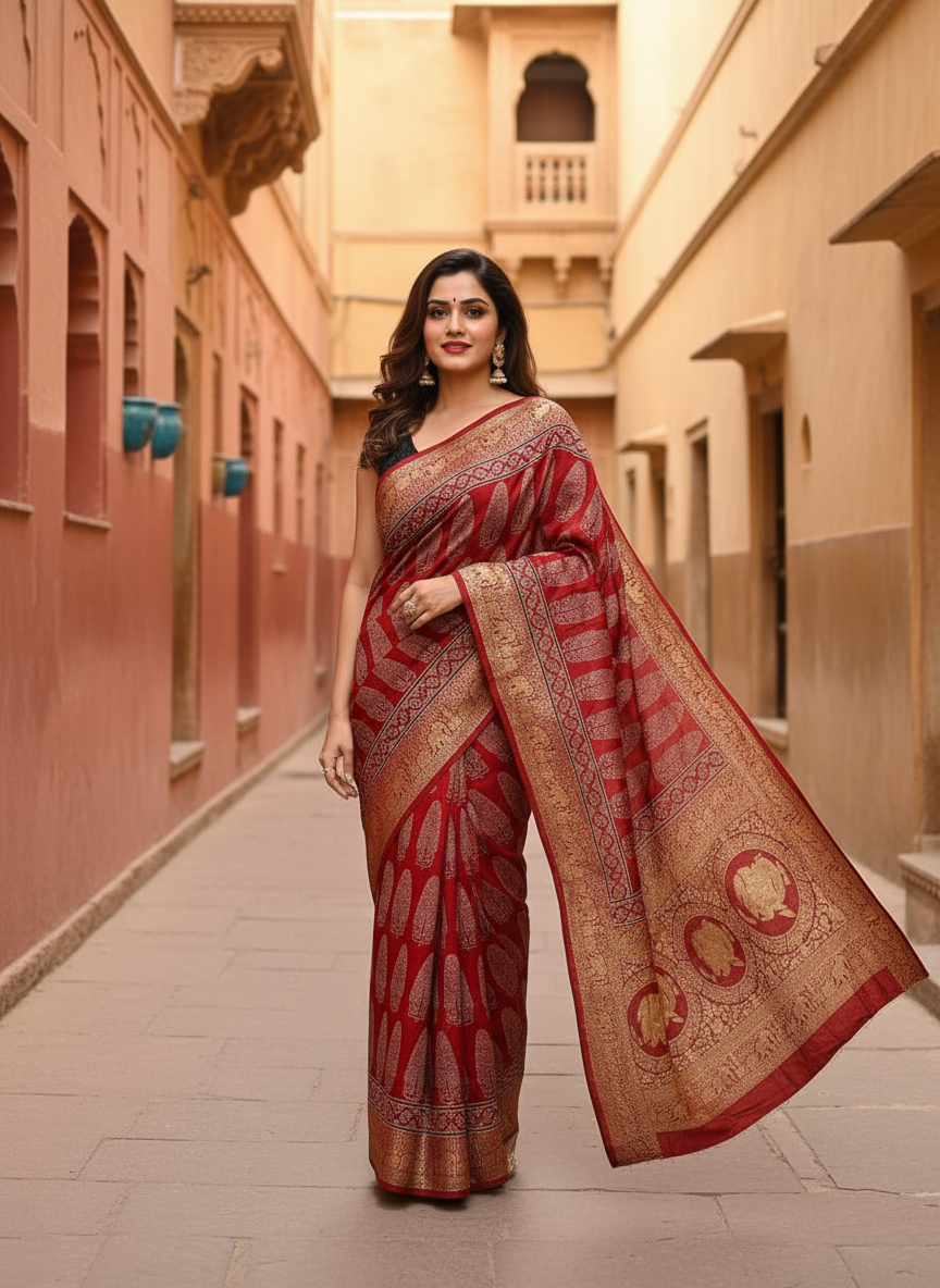 Red Asopallav Buta Motif Ajrakh Hand Block Dola Silk Saree with Zari Pallu (With Blouse)
