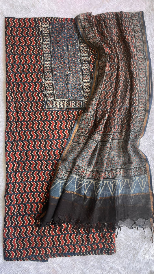 Red and Black Pure Cotton Ajrakh Unstitched Suit Set with Ajrakh Kota Doria Dupatta