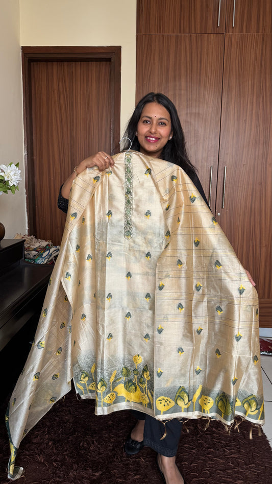 Beige Shade Silk Cotton Suit Set Zari-Thread Work Yoke