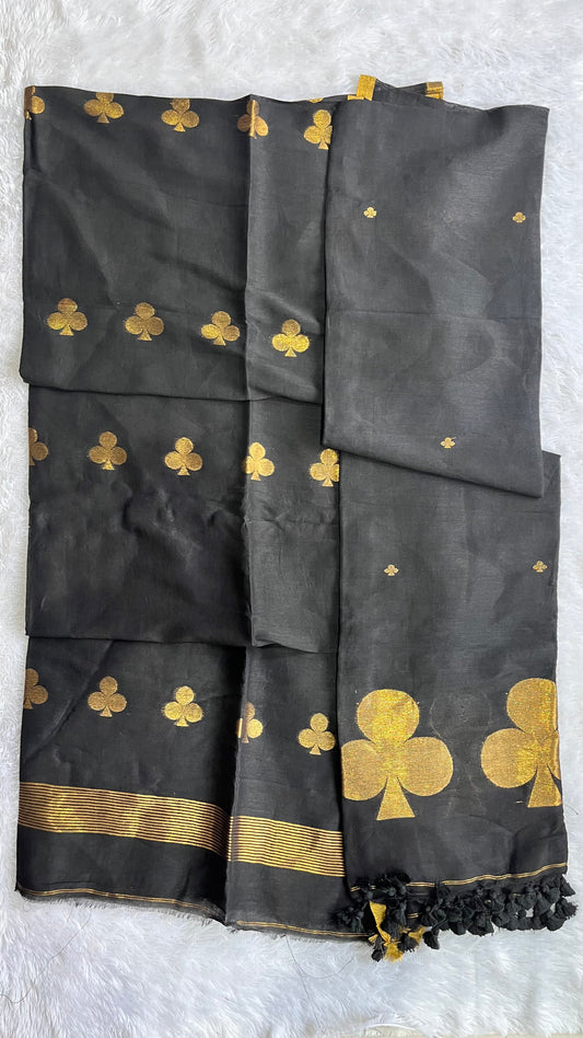 Majestic Black Paan Buta Pure Jayshree Linen with Jamdani Hand Woven Daman 2 pc Suit Set