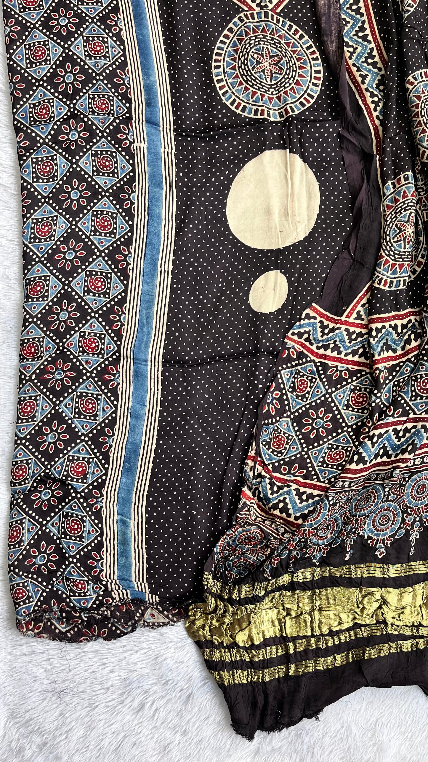 Off white and Black Solid Shade Dhaari Motif Modal Silk Suit with Ajrakh Modal Lagdi Patti Dupatta
