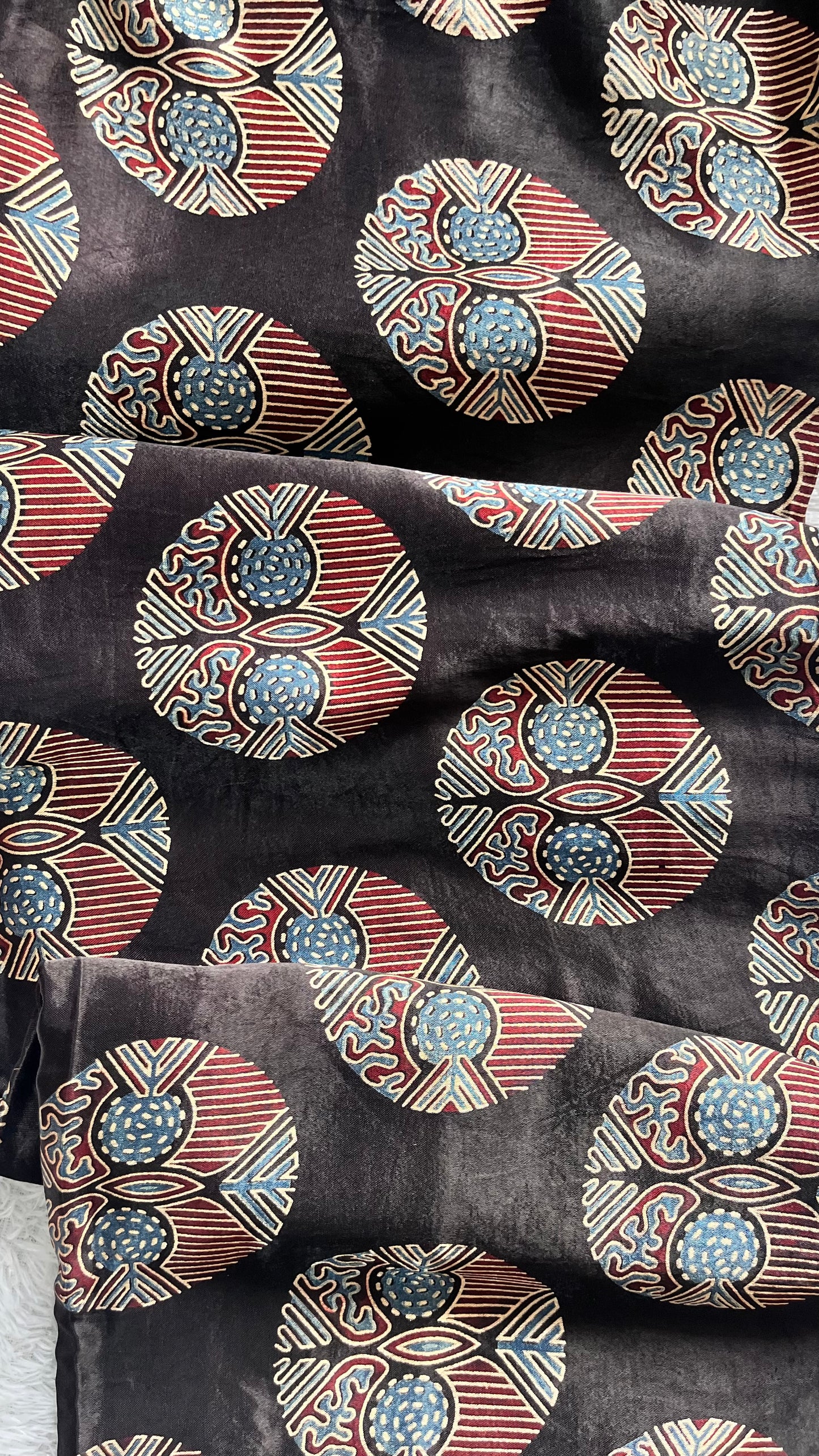 Majestic Black Circle Motif Ajrakh Mashru Silk Fabric