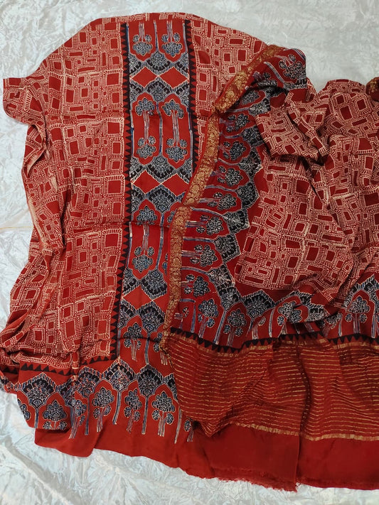 Maddar Red Buti Print Modal Silk Ajrakh Natural Dyed Hand Block Print 2pc Suit Material Set with Dola Silk Dupatta