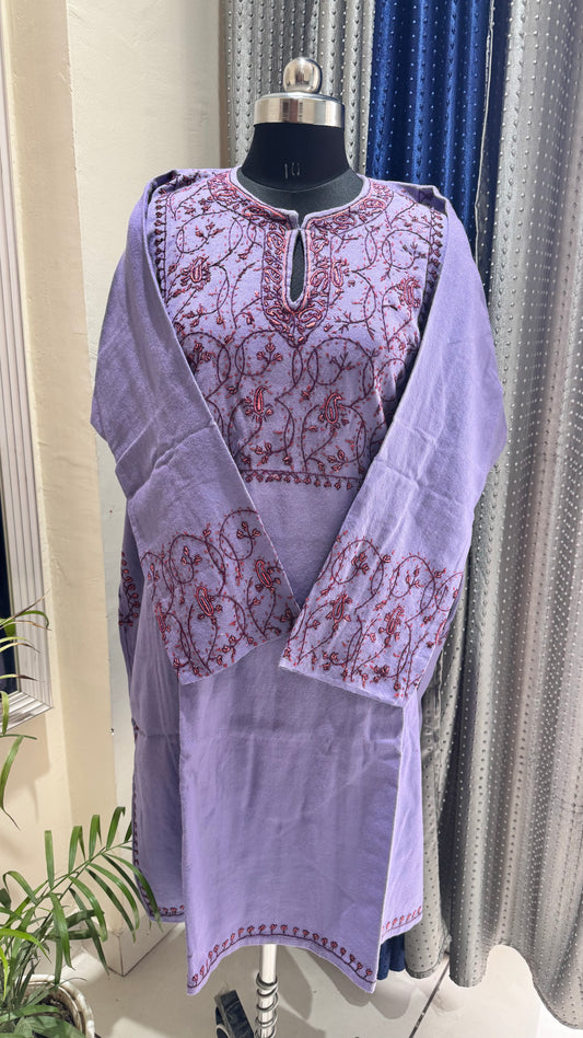 Ash Blue Hand Embroidered Pure Marino Wool Kashmiri Pheran with Pockets and Hand Embroidered Sleeves (Size 58”)