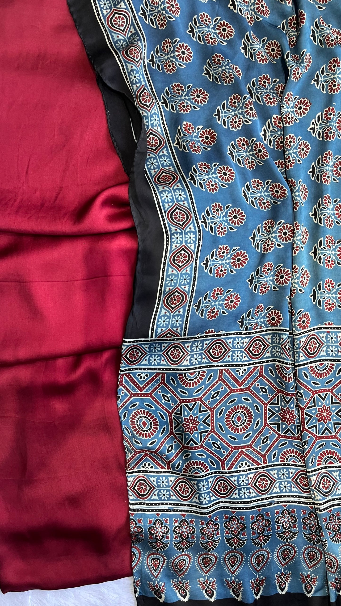 Solid Maroon Shade Modal Silk Suit Material with Ajrakh Modal Stole with Tassels