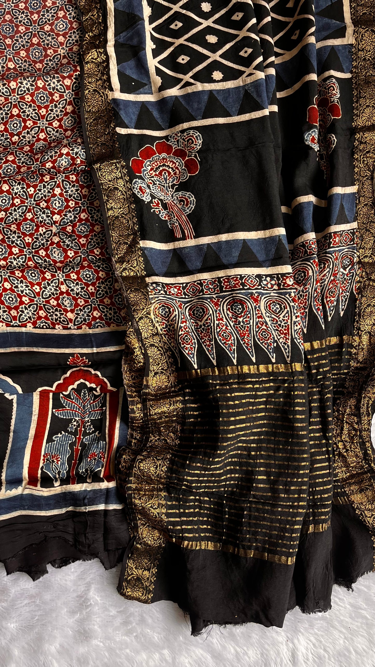 Black Jharokha Buta Motif Modal Silk Suit Material with Ajrakh Dola Silk Dupatta