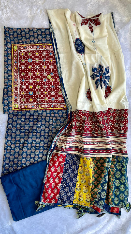 Blue Ajrakh Suit Set with Kutch embroidery and Multicolour Ajrakh Applique Cotton Dupatta