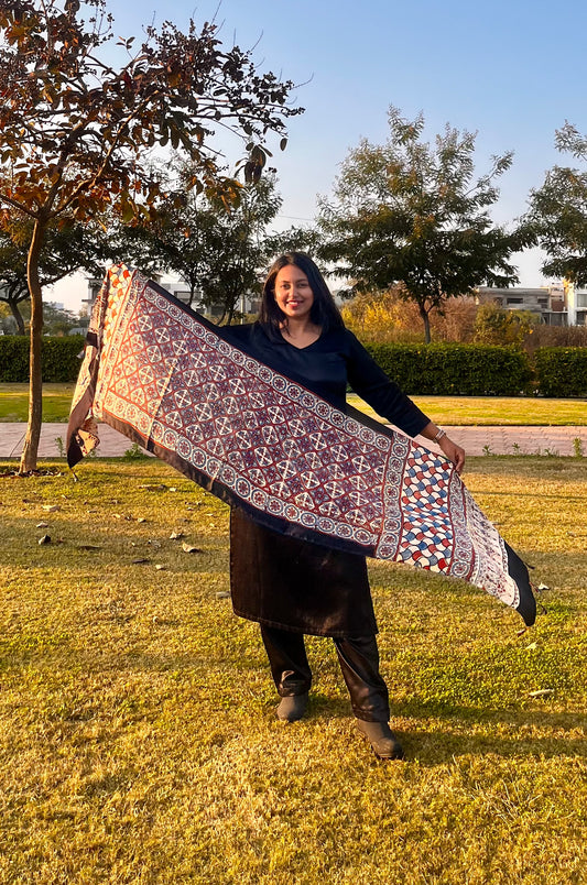 Off White and Red Grid Motif Ajrakh Hand Block Print Modal Silk Stole with Tassels