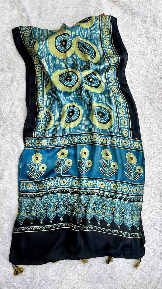 Indigo Circle Motif Ajrakh Hand Block Print Modal Silk Stole with Tassels