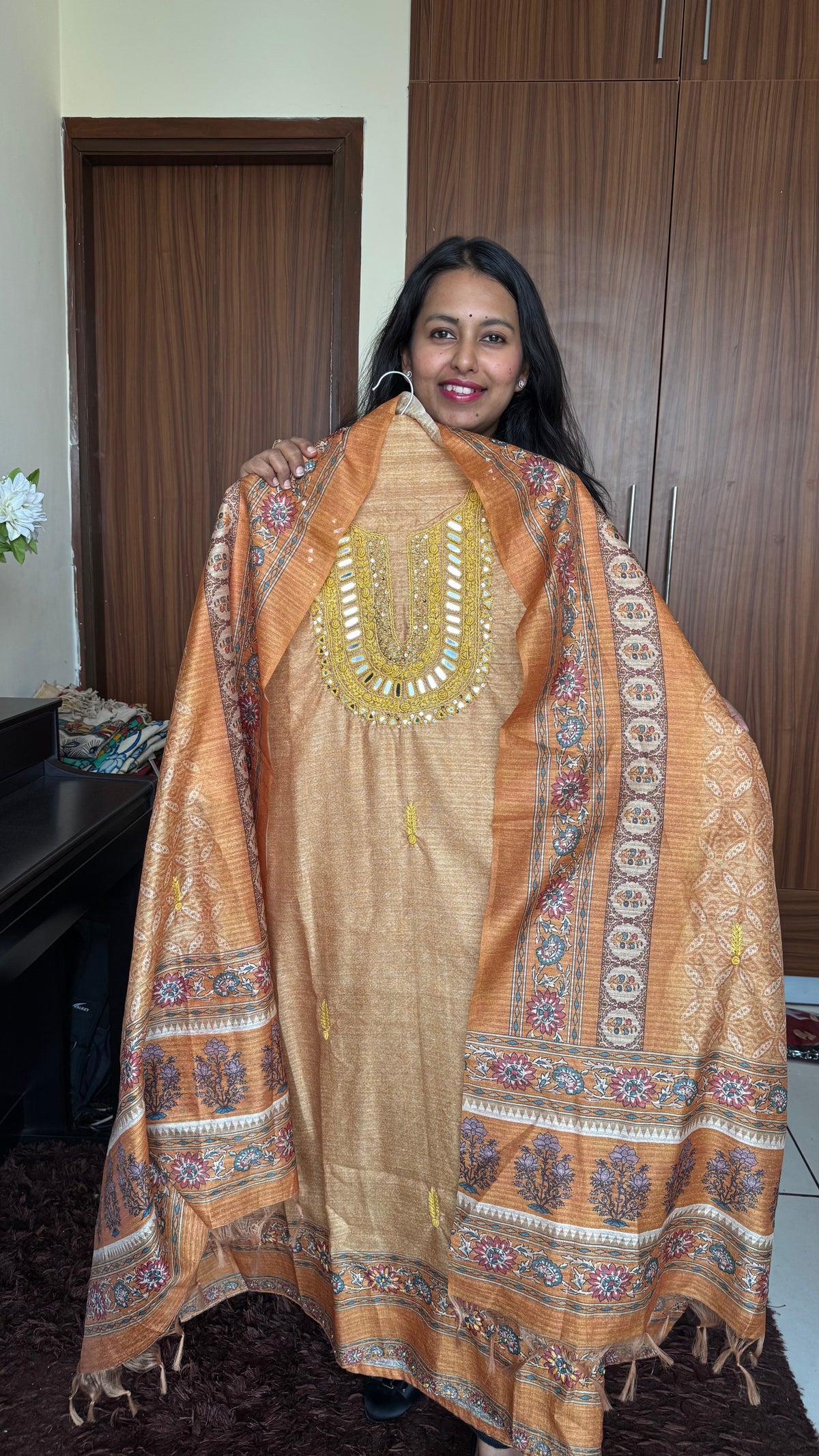 Mustard Khadi Silk Suit Set with Mirror Threadwork Yoke-3Pc