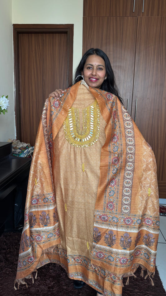 Mustard Khadi Silk Suit Set with Mirror Threadwork Yoke-3Pc