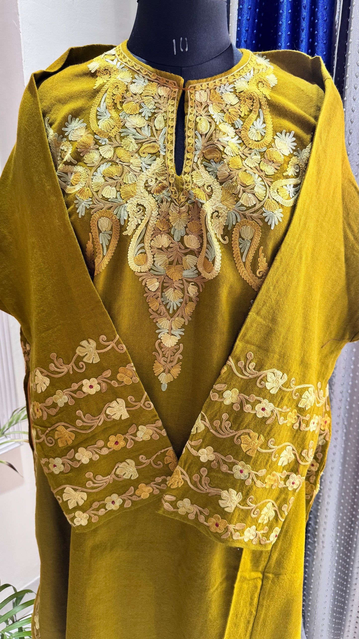 Mehendi Green Hand Embroidered Pure Marino Wool Kashmiri Pheran with Pockets and Hand Embroidered Sleeves (Size 52”)